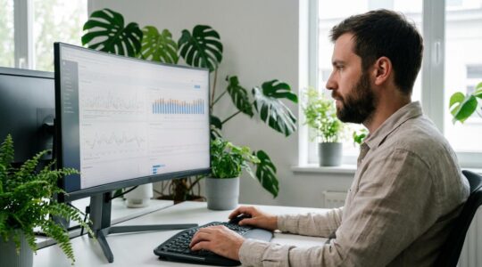 Consultant analysant des données de performance e-marketing sur écran