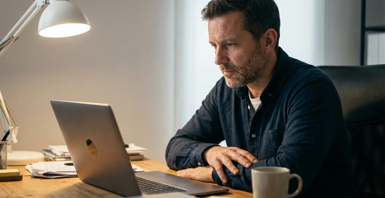 Entrepreneur préoccupé devant écran affichant des résultats de campagne décevants