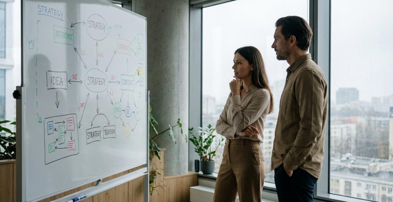 Deux professionnels discutant stratégie webmarketing devant tableau blanc