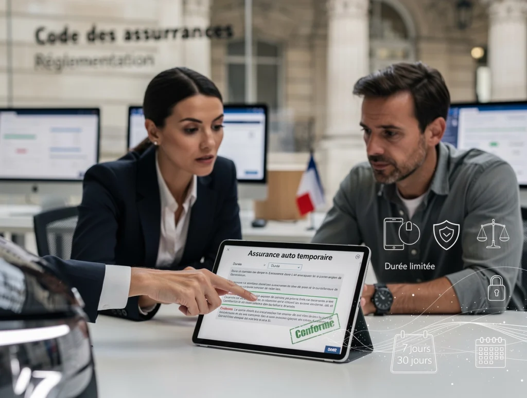 Une femme explique à un assuré le fonctionnement de l'assurance auto temporaire Une femme explique à un assuré le fonctionnement de l'assurance auto temporaire