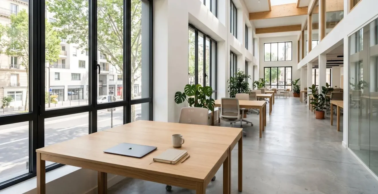 Espace de coworking contemporain français avec bureau minimaliste vide, ordinateur portable fermé et carnet, grande fenêtre lumineuse, intérieur moderne 2026