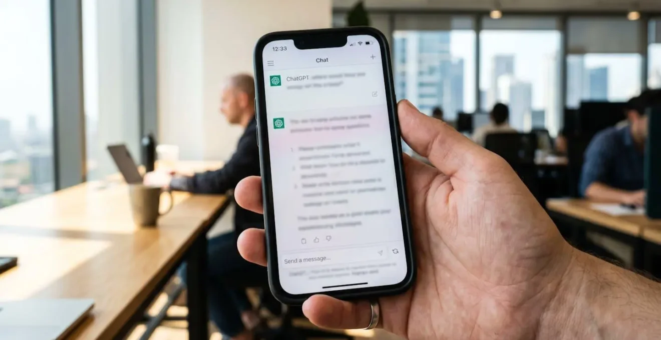 Gros plan sur une main tenant un smartphone affichant l'interface ChatGPT avec du texte complètement flouté, arrière-plan bureau moderne en bokeh