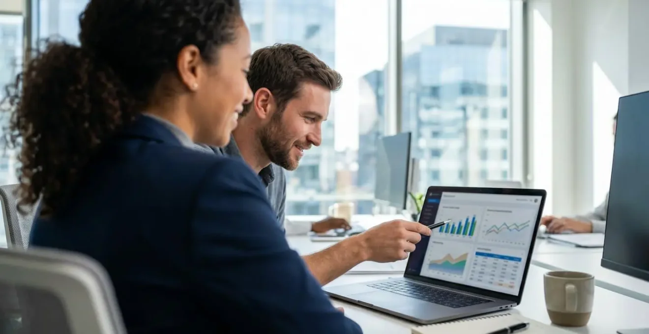 Deux professionnels du marketing digital analysent des graphiques de tendances IA sur un écran d'ordinateur portable dans un bureau contemporain