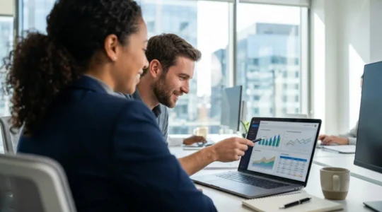 Deux professionnels du marketing digital analysent des graphiques de tendances IA sur un écran d'ordinateur portable dans un bureau contemporain