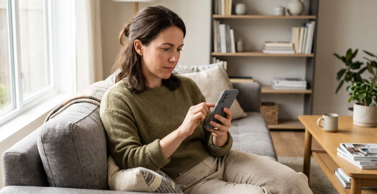 Une personne consulte une application bancaire sur son smartphone dans son salon pour vérifier sa réserve de crédit disponible