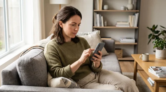 Une personne consulte une application bancaire sur son smartphone dans son salon pour vérifier sa réserve de crédit disponible