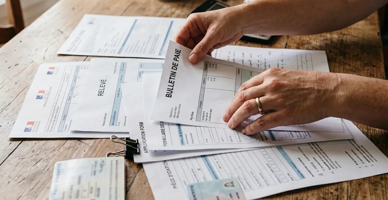 Mains d'une personne organisant des documents administratifs nécessaires pour une demande de crédit sur une table