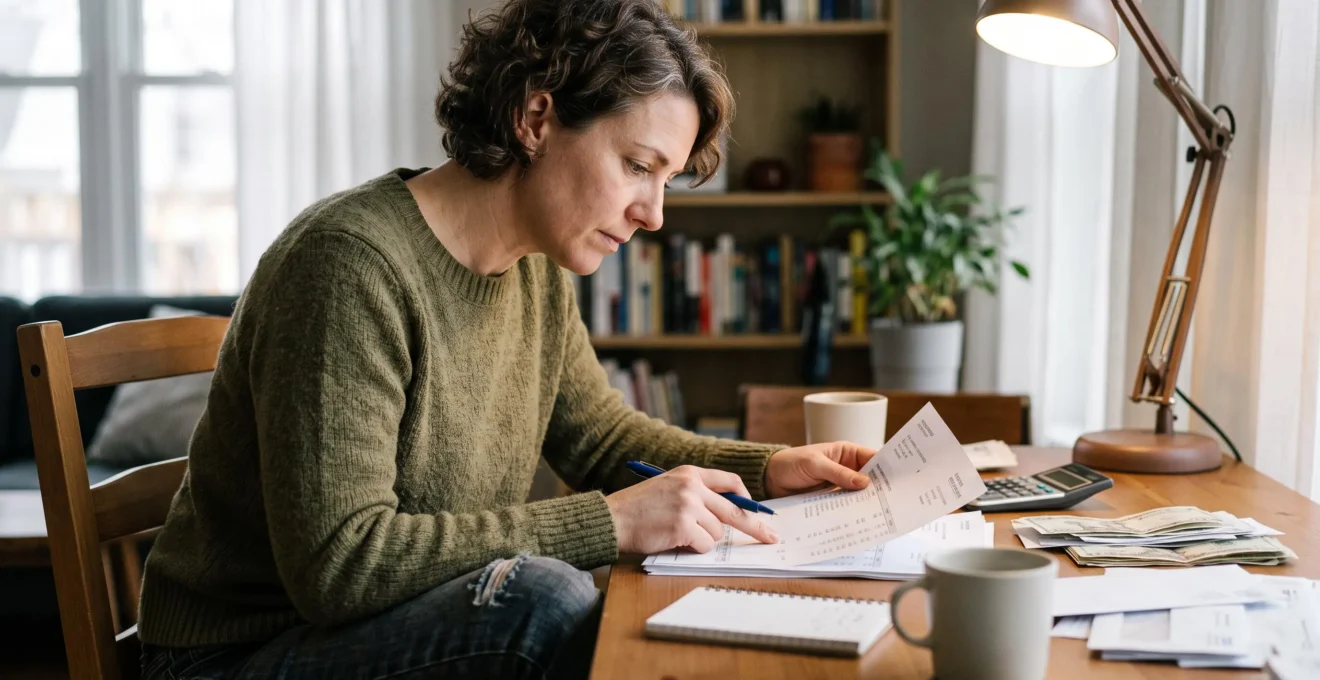 Une personne examine attentivement ses relevés bancaires et documents financiers à son domicile